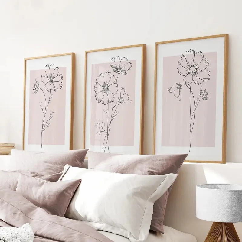 Wall Art Set triplicate art pink roses green black frame off white mat