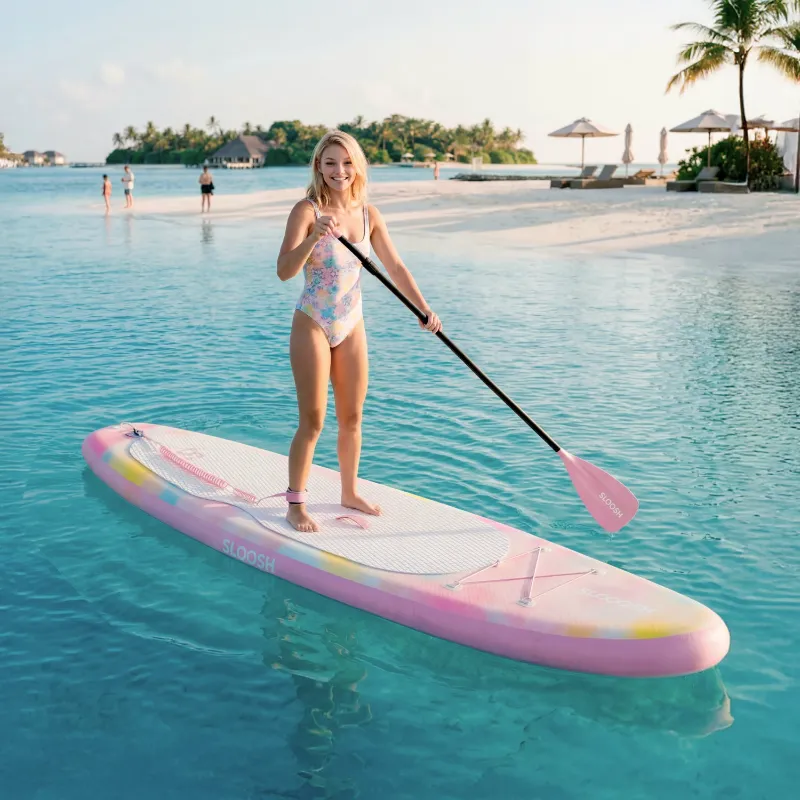 Pink SUP paddle board on the water