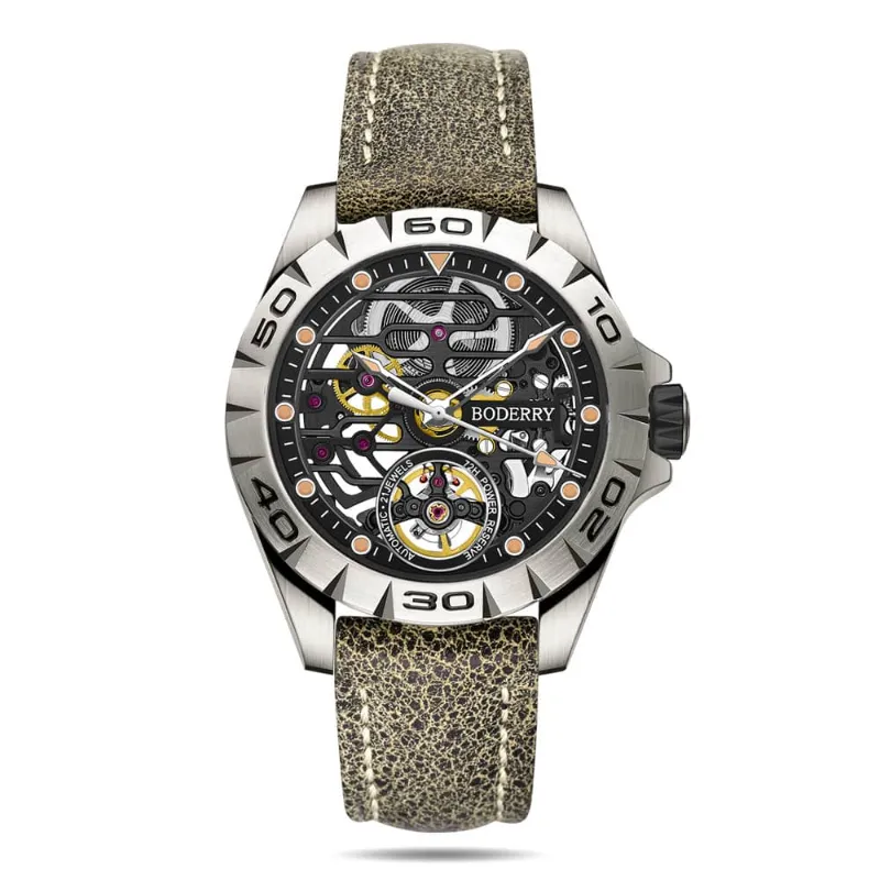 Boderry skeleton watch with exposed mechanical movement