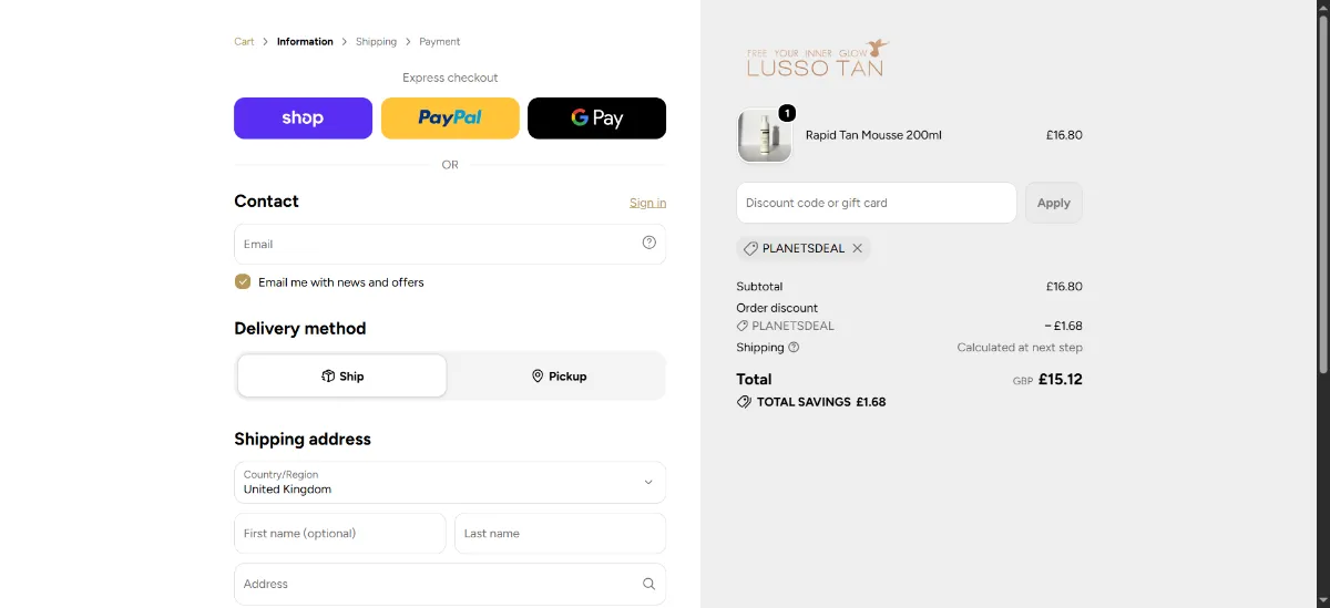 Where to enter the Lusso Tan discount code at checkout