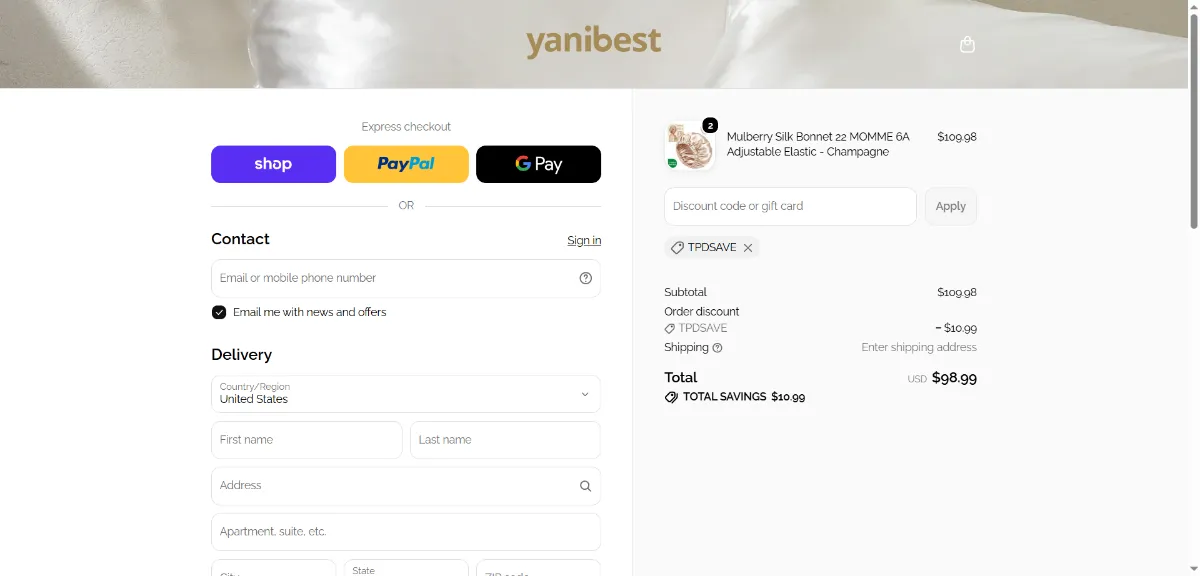 Where to enter the Yanibest discount code at checkout