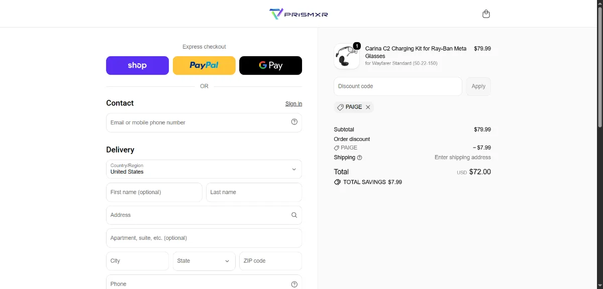 Where to enter the PrismXR discount code at checkout