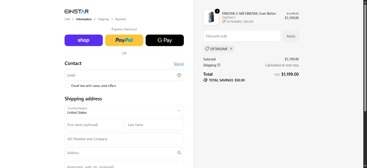 Where to enter the EINSTAR US discount code at checkout