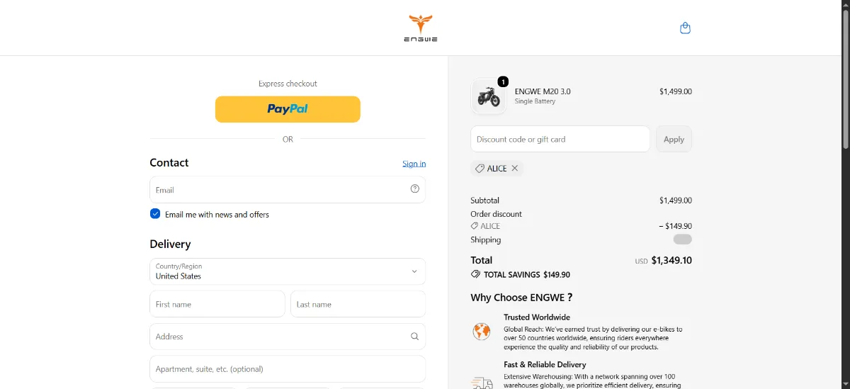Where to enter the ENGWE US discount code at checkout