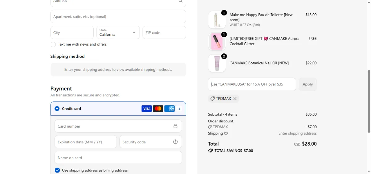 Where to enter the Canmake USA discount code at checkout