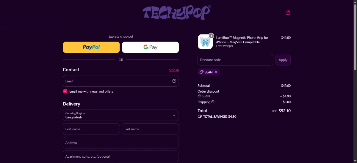 Where to enter the Techypop discount code at checkout