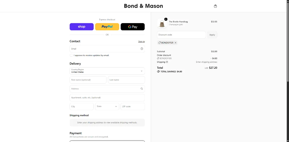 Where to enter the Bond & Mason discount code at checkout