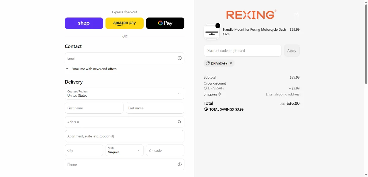Where to enter the Rexing discount code at checkout