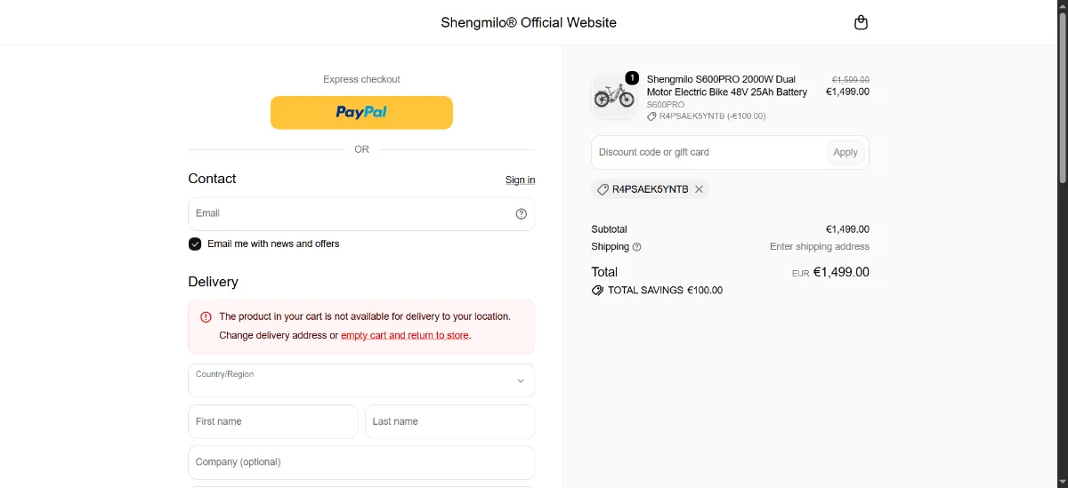 Where to enter the Shengmilo Bikes discount code at checkout