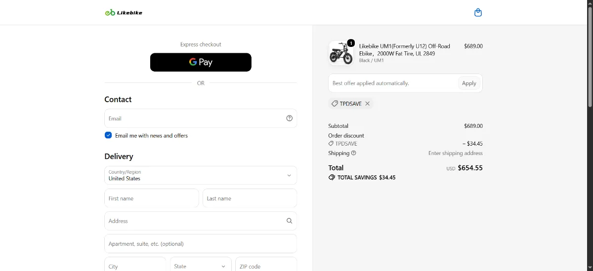 Where to enter the Likebike discount code at checkout