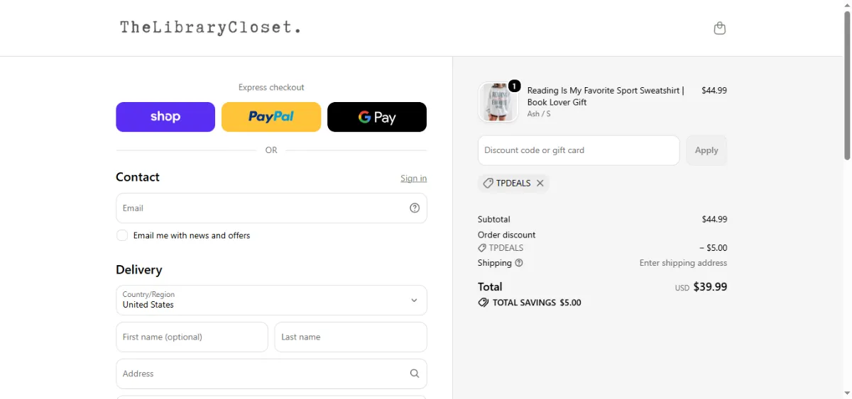 Where to enter the The Library Closet discount code at checkout