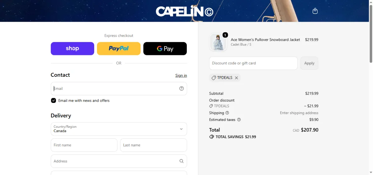 Where to enter the Capelin Crew discount code at checkout