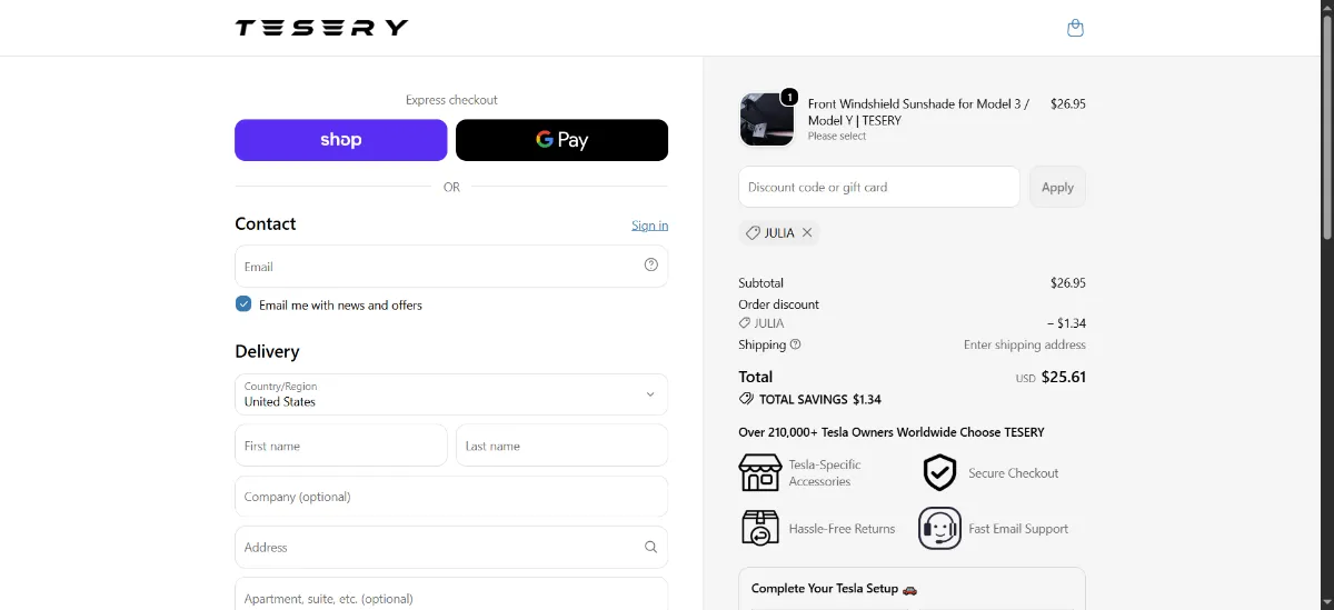 Where to enter the Tesery discount code at checkout