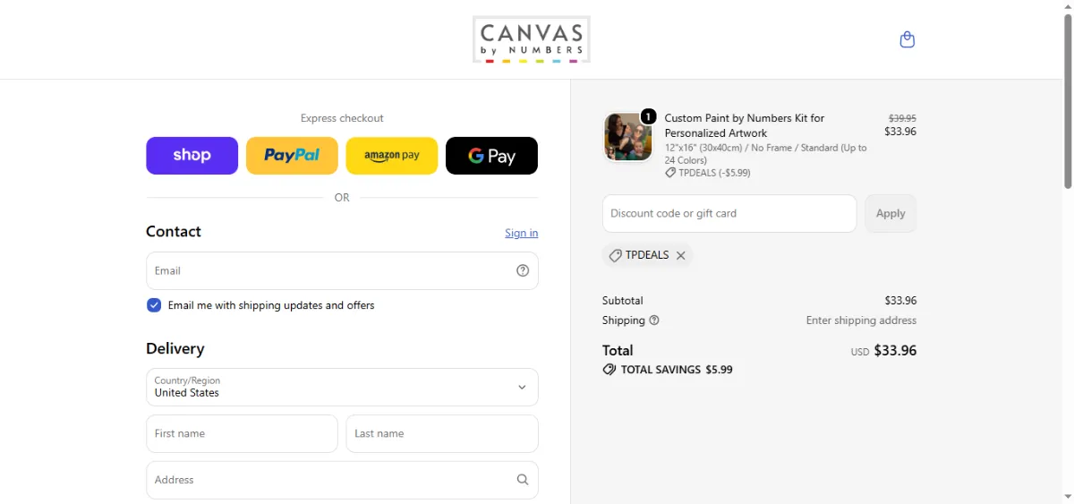 Where to enter the Canvas By Numbers discount code at checkout