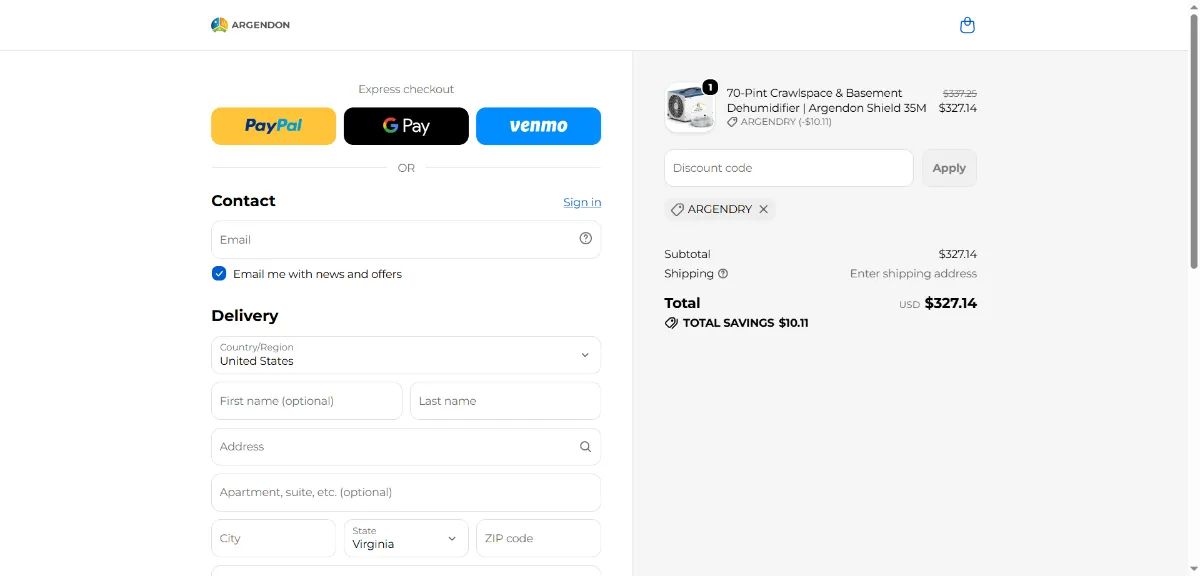 Where to enter the Argendon discount code at checkout
