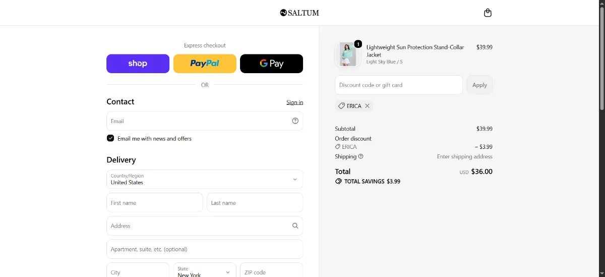 Where to enter the SALTUM discount code at checkout