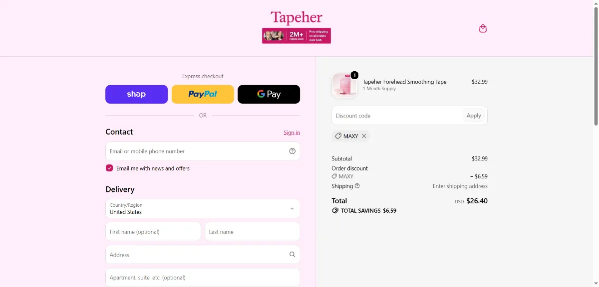 Where to enter the Tapeher discount code at checkout