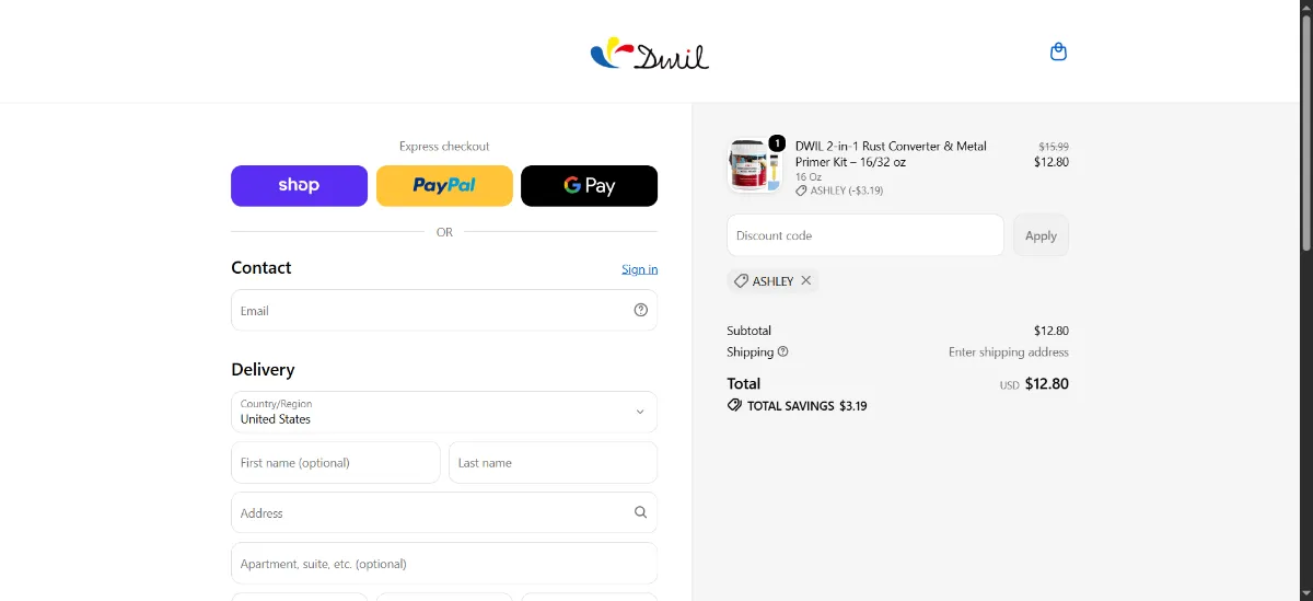 Where to enter the DWIL Paint discount code at checkout