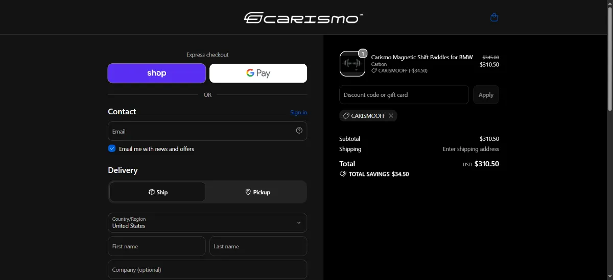 Where to enter the Carismo discount code at checkout
