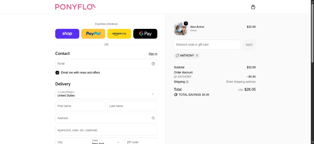 Where to enter the PONYFLO discount code at checkout