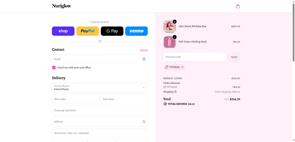 Where to enter the Nuriglow discount code at checkout