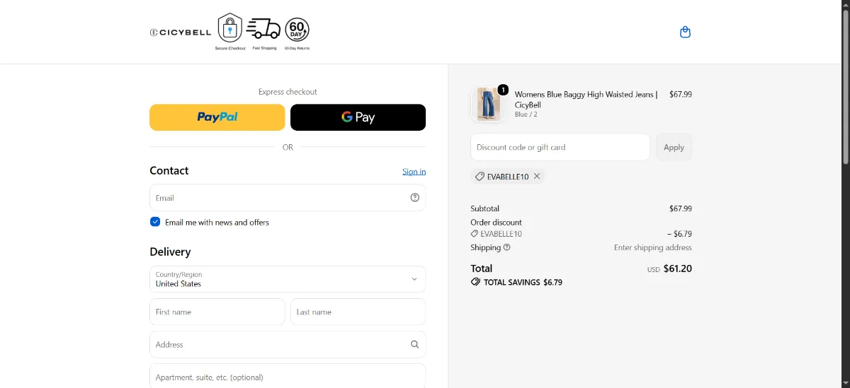 Where to enter the CICYBELL discount code at checkout