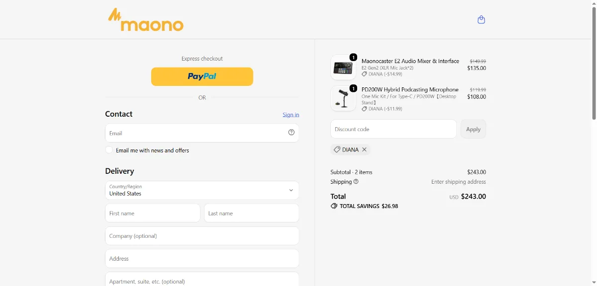Where to enter the Maono discount code at checkout