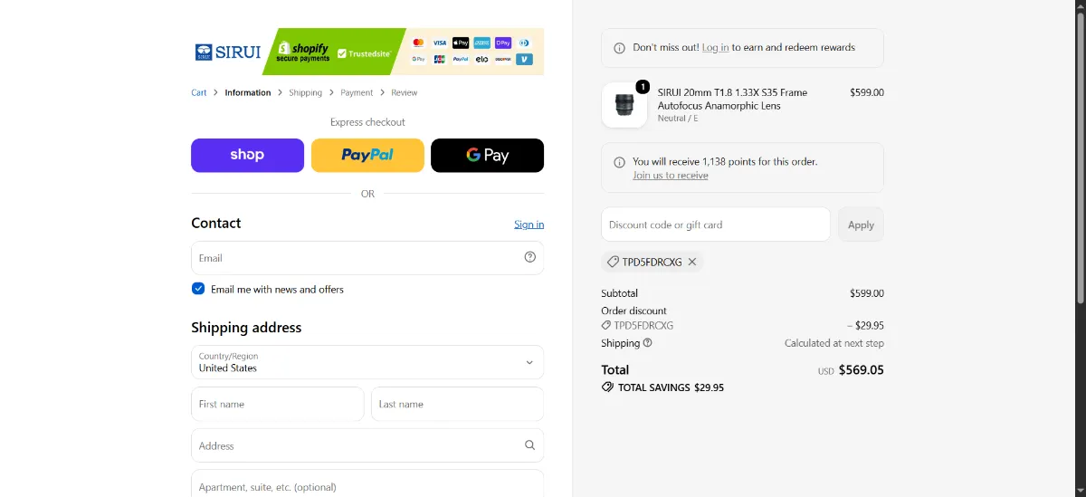 Step 3: Enter TPD5FDRCXG at checkout