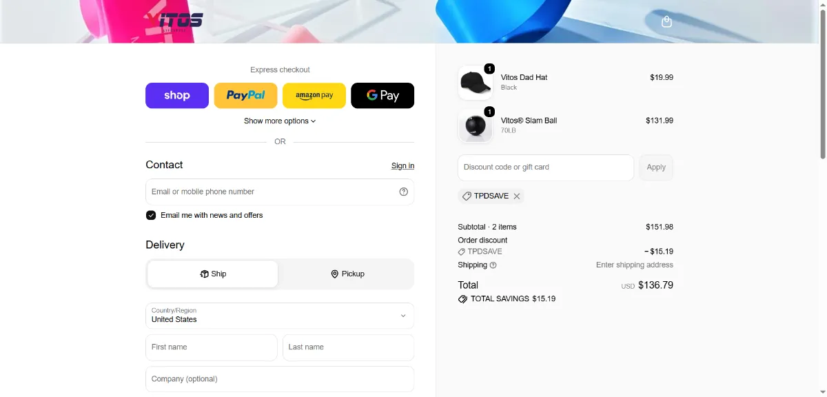 Where to enter the Vitos promo code at checkout