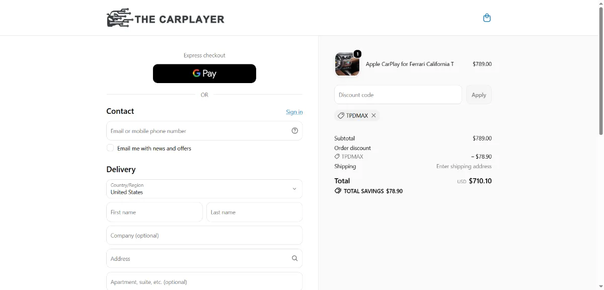 Where to enter the Thecarplayer discount code at checkout