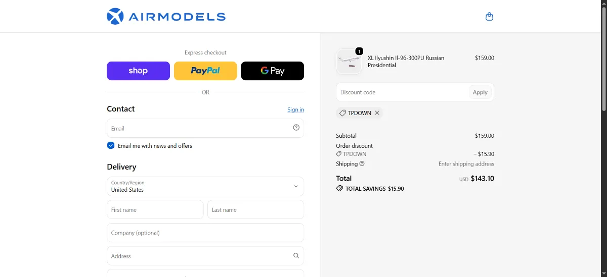 Where to enter the AirModels discount code at checkout