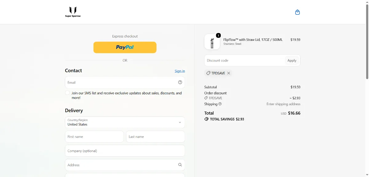 Where to enter the Super Sparrow discount code at checkout