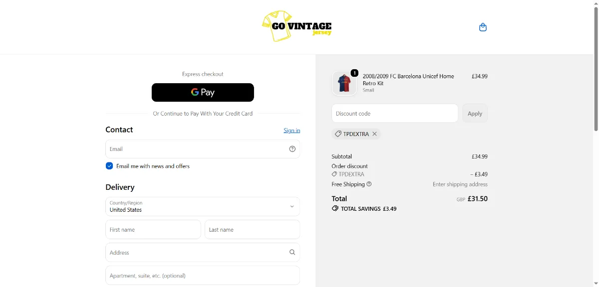 Where to enter the GoVintageJersey discount code at checkout