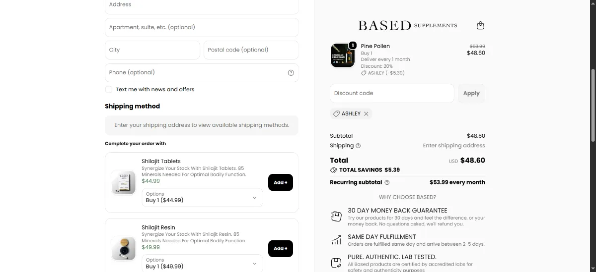 Where to enter the Based Supplements discount code at checkout