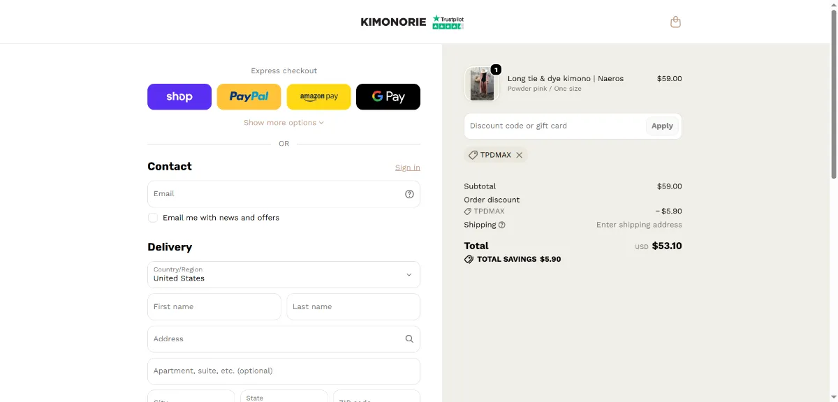 Where to enter the Kimonorie discount code at checkout