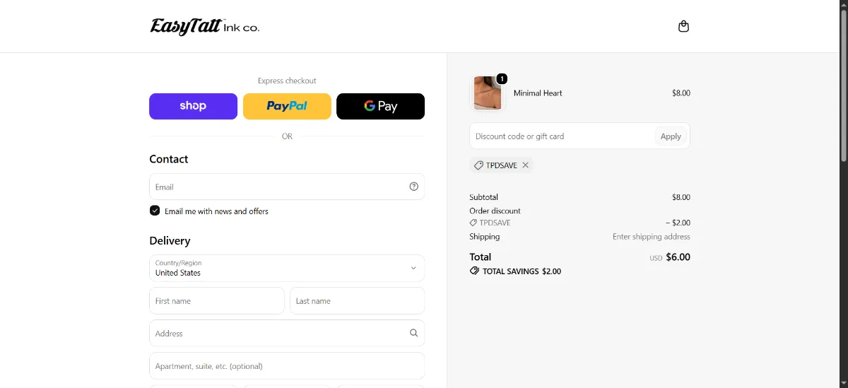 Where to enter the EasyTatt discount code at checkout