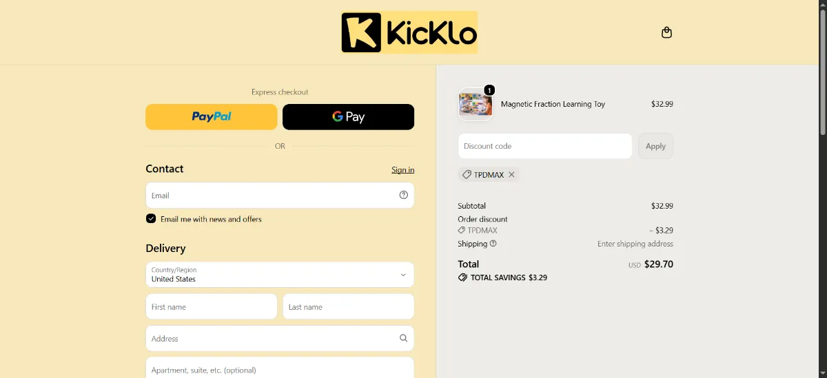 Where to enter the Kicklo discount code at checkout