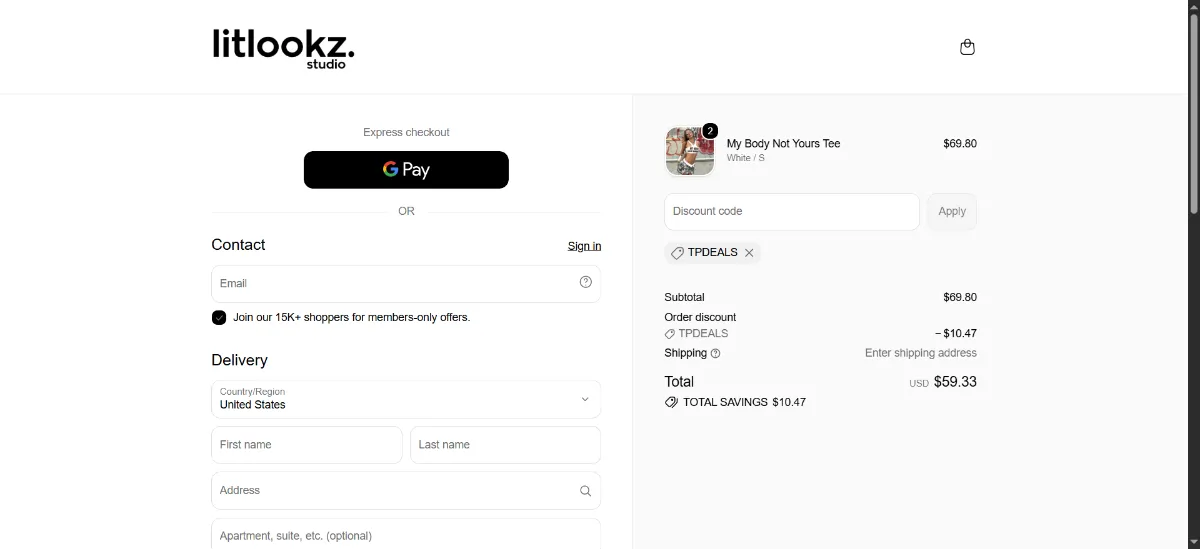 Where to enter the Litlookz Studio discount code at checkout