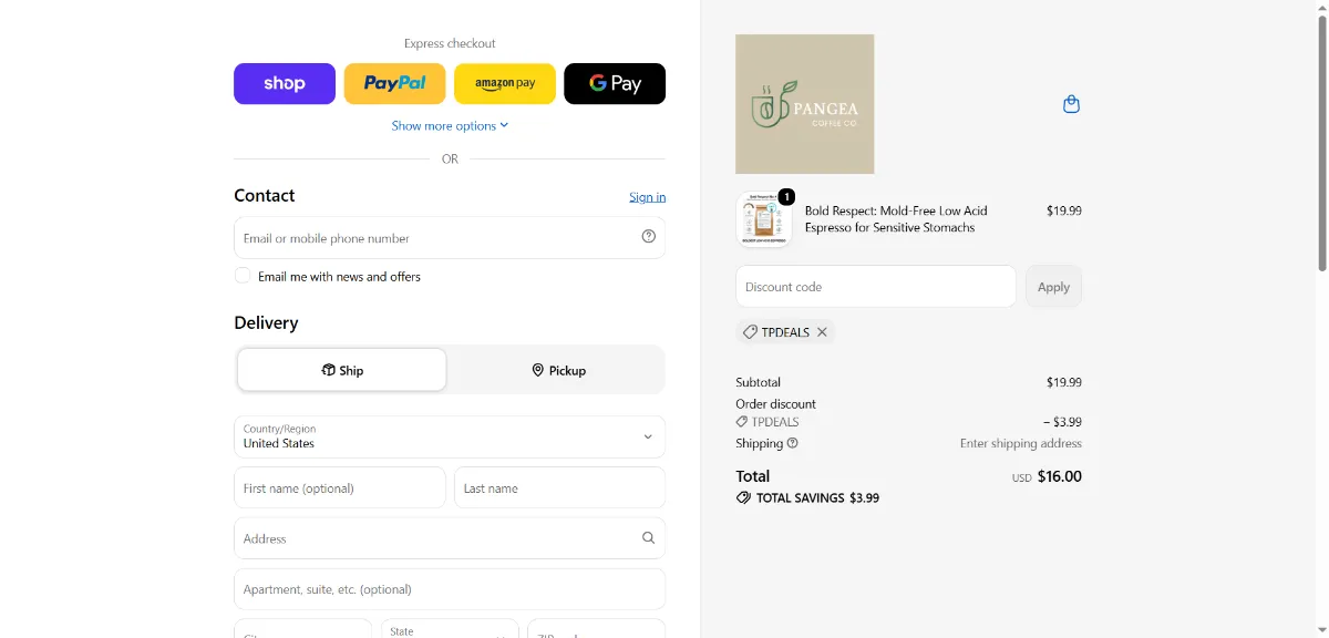 Where to enter the Pangea Coffee Co promo code at checkout