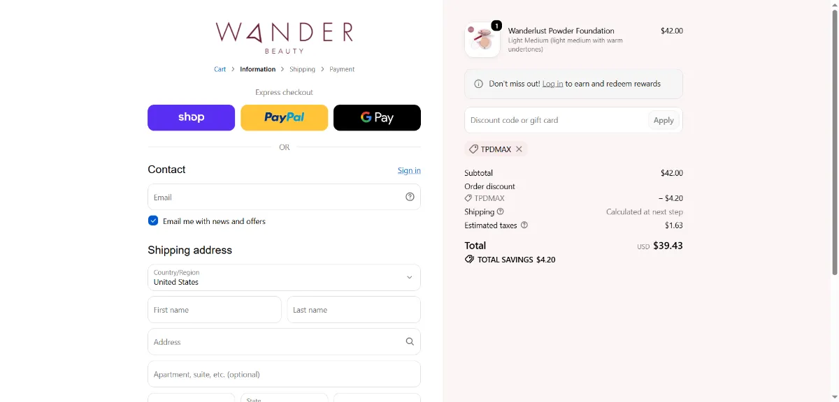 Where to enter the Wander Beauty discount code at checkout