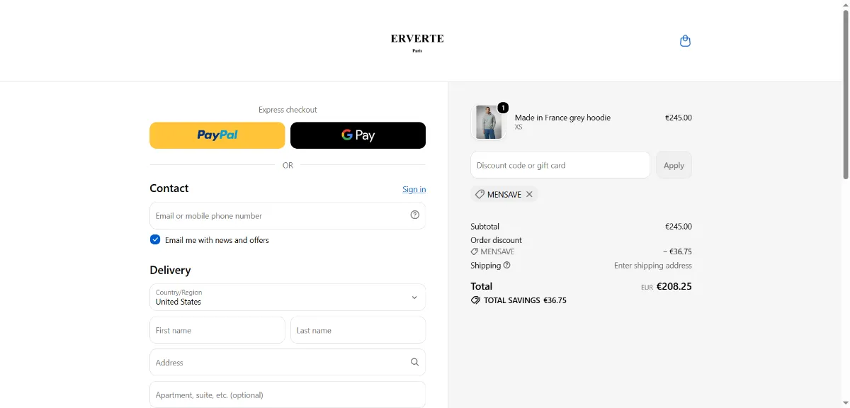 Where to enter the Erverte Paris discount code at checkout