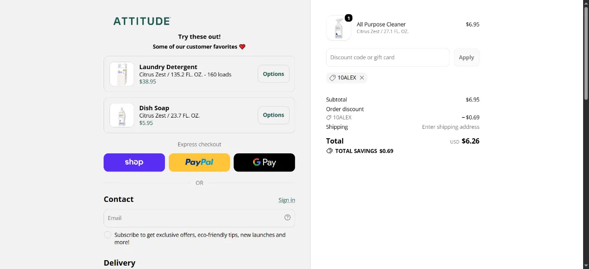 Where to enter the ATTITUDE discount code at checkout