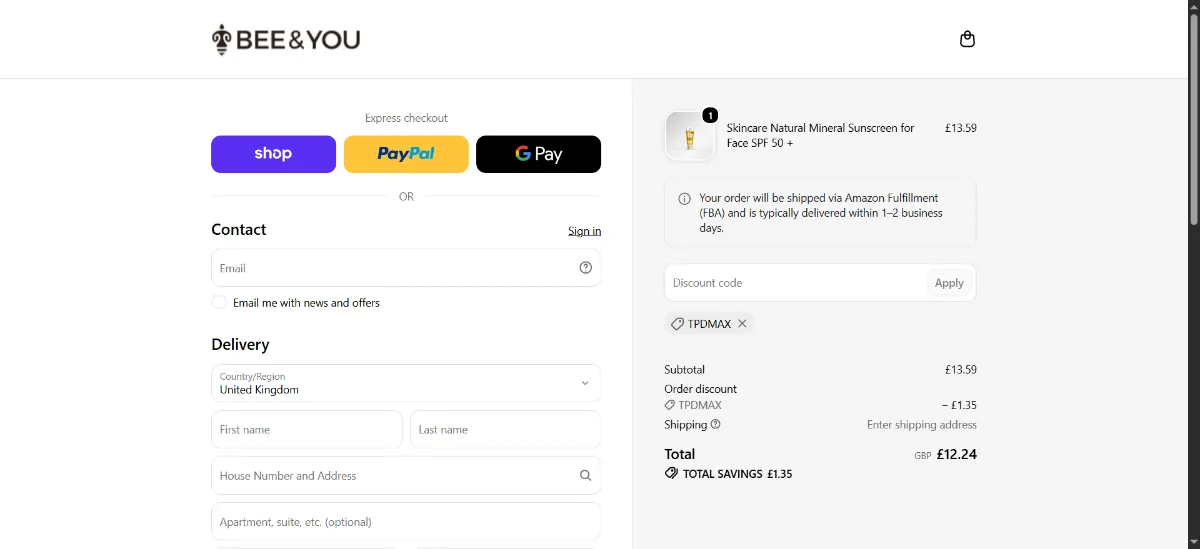 Where to enter the Bee & You discount code at checkout