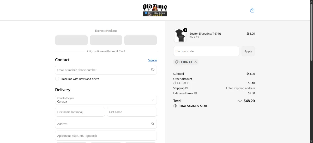 Where to enter the Old Time Sports discount code at checkout