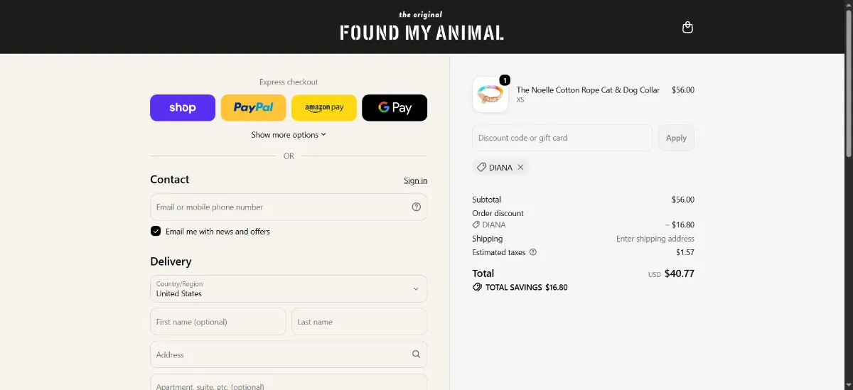 Where to enter the Found My Animal discount code at checkout