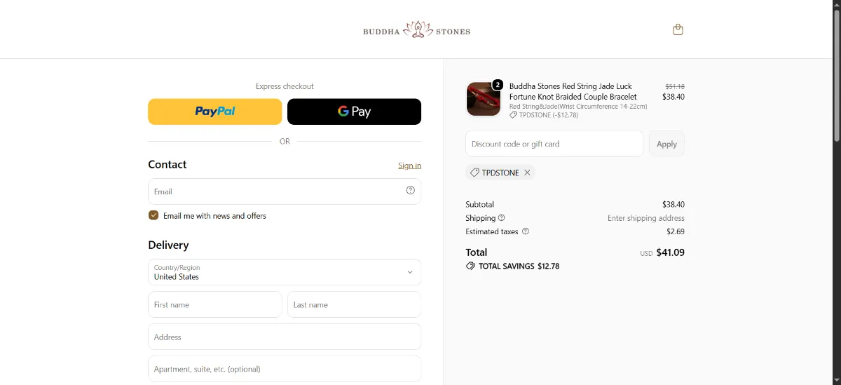 Where to enter the Buddha Stones discount code at checkout