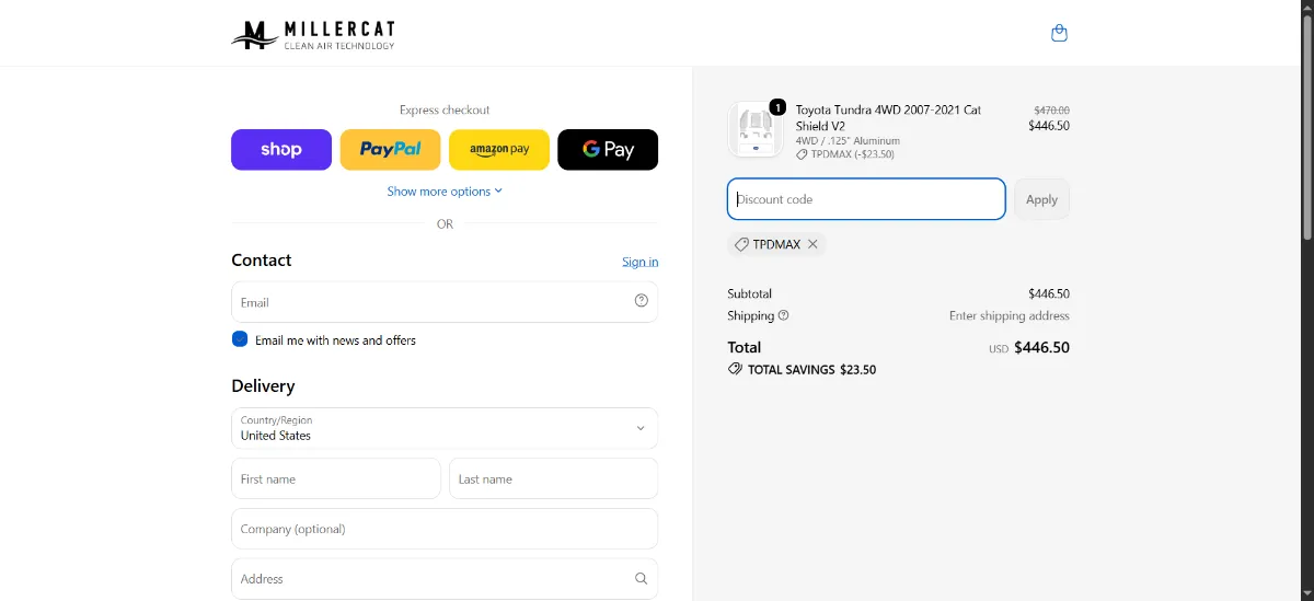 Where to enter the Miller CAT discount code at checkout