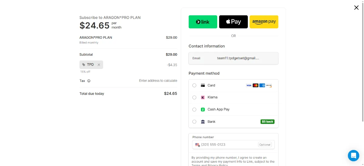 Where to enter the Aragon AI discount code at checkout