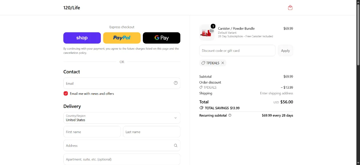 Where to enter the 120/Life discount code at checkout