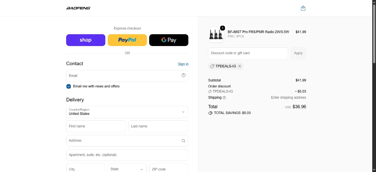 Where to enter the Baofeng discount code at checkout